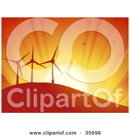 Clipart Illustration of Silhouetted Birds Flying In An Orange Sunset Sky, Above Three Turbines On A Hill Of A Wind Farm by elaineitalia