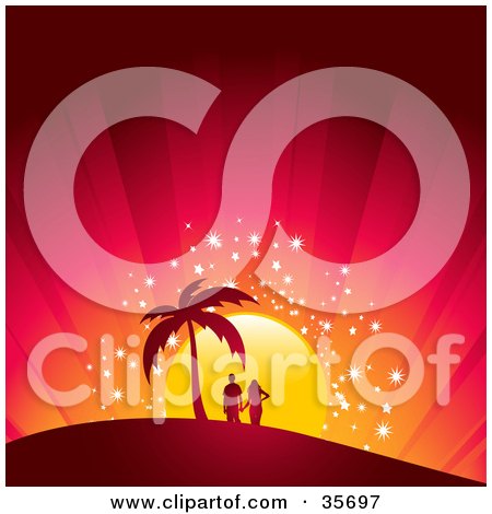 Clipart Illustration of a Romantic Couple Holding Hands Under A Silhouetted Palm Tree On A Hill, Watching A Magical Tropical Sunset In Red And Orange Hues by elaineitalia