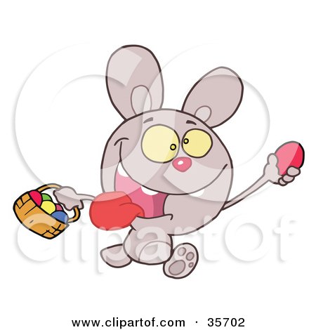 Clipart Illustration of a Purple Bunny Running And Holding Up An Egg And Carrying A Basket During An Easter Egg Hunt by Hit Toon
