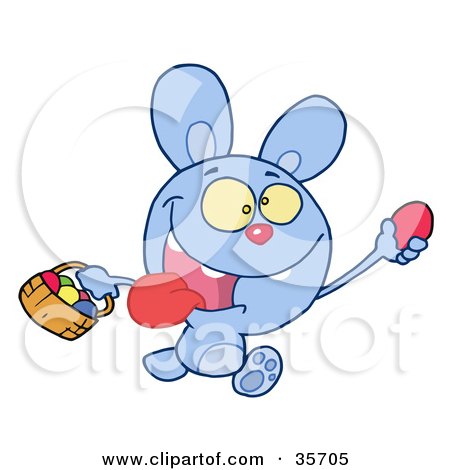 Clipart Illustration of a Blue Bunny Running And Holding Up An Egg And Carrying A Basket During An Easter Egg Hunt by Hit Toon