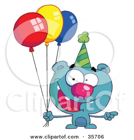 Clipart Illustration of a Blue Birthday Bear In A Party Hat Pointing To The Right And Holding Colorful Party Balloons by Hit Toon