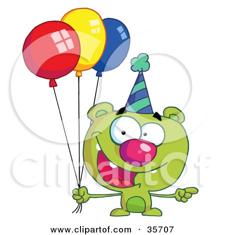 Clipart Illustration of a Green Birthday Bear In A Party Hat Pointing To The Right And Holding Colorful Party Balloons by Hit Toon