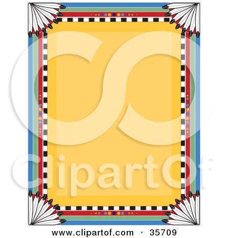 Clipart Illustration of a Native American Border Over A Yellow Background With Feathers In The Corners by Maria Bell