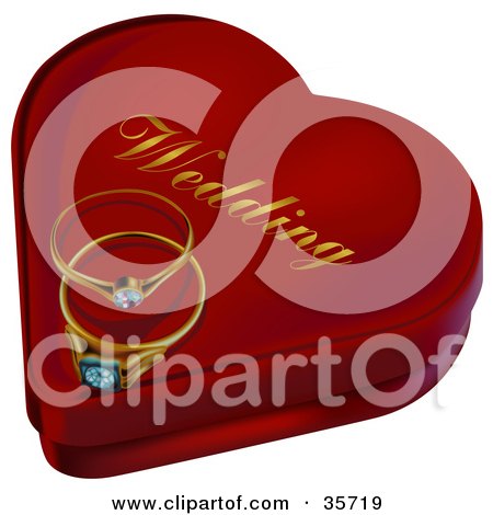 Clipart Illustration of Two Diamond Wedding Rings Resting On A Heart Shaped Ring Box by dero