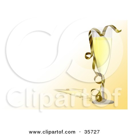 Clipart Illustration of a Golden Curly Ribbon Draped Over Champagne In A Flute, With Gradient Orange To White Shading by dero