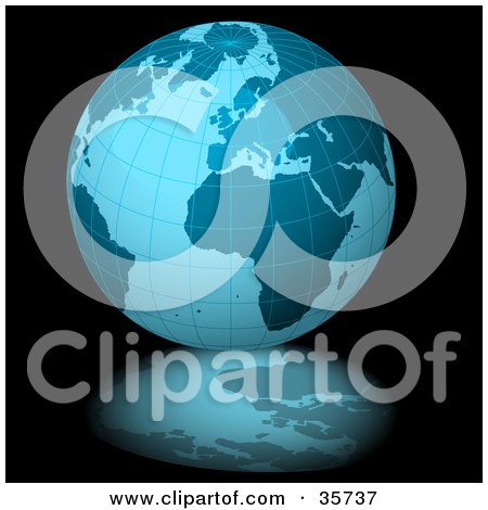 Clipart Illustration of a Blue Grid Globe On A Black Background With A Reflection by dero