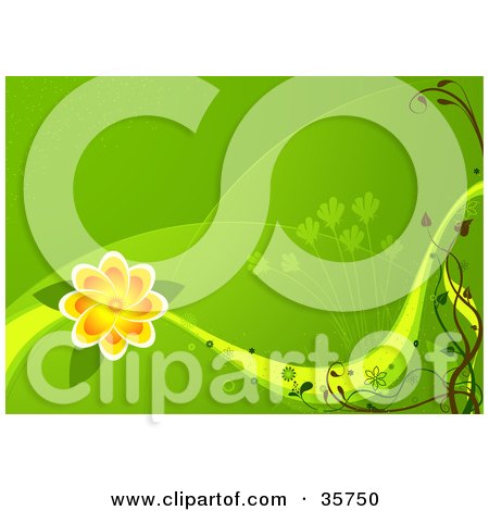 Clipart Illustration of a Green Spring Background With Rolling Hills, Grasses And A Large Orange Flower by dero