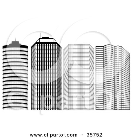 Clipart Illustration of a Block Of Black And White Skyscrapers In A City by dero