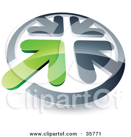 Clipart Illustration of a Pre-Made Logo Of A Green Arrow Standing Out In A Circle Of Chrome Arrows by beboy