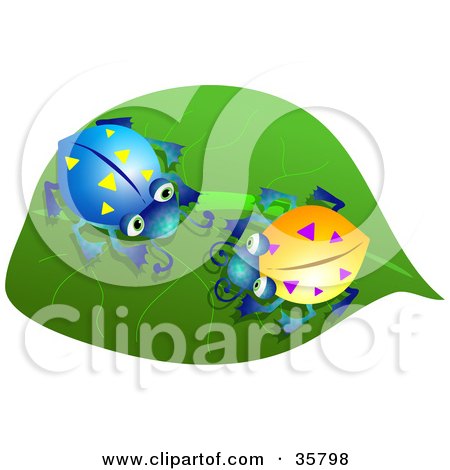 Clipart Illustration of Blue And Yellow Ladybugs Snacking On A Green Leaf by Prawny