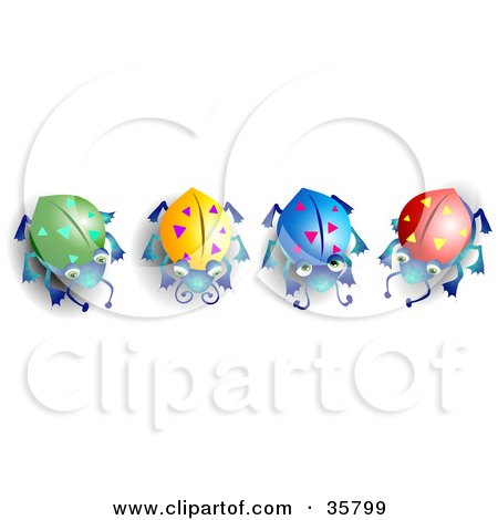 Clipart Illustration of Four Green, Yellow, Blue And Red Beetles In A Row by Prawny