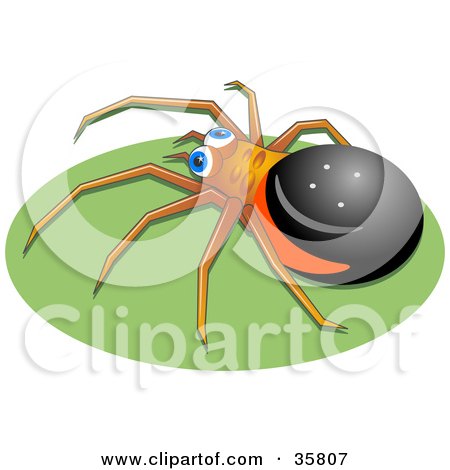 Clipart Illustration of a Black, Brown And Red Spider With Blue Eyes, Crawling On A Green Oval by Prawny