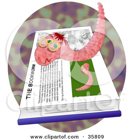 Clipart Illustration of a Wrinkly Old Pink Worm Wearing Glasses, Reading About Bookworms In A Book by Prawny