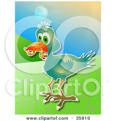 Clipart Illustration of a Green Bird Carrying A Scared Worm In Its Beak, On A Hilly Background by Prawny