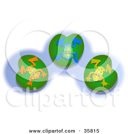 Clipart Illustration of Three Orange, Blue And Yellow Frogs Hanging Out On Lilypads by Prawny