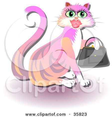 Clipart Illustration of a Feminine Pink And Orange Kitty Cat Holding A Purse by Prawny