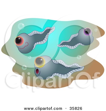 Clipart Illustration of Three Happy Tadpoles Swimming With Bubbles Underwater by Prawny