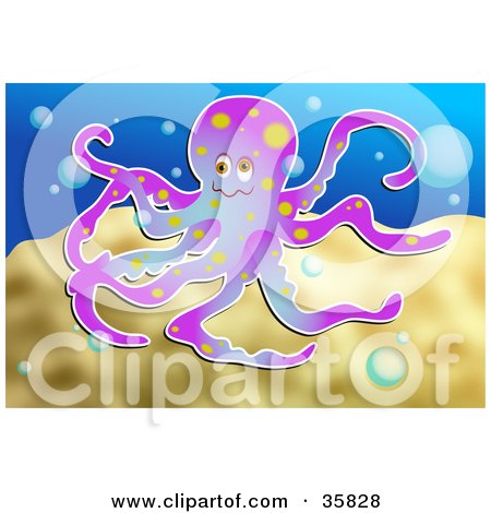 Clipart Illustration of a Gradient Purple Octopus With Orange Spots, Swimming With Bubbles Underwater by Prawny
