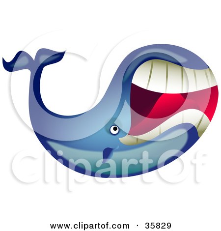 Clipart Illustration of a Large Blue Whale Swimming With Its Mouth Open, Showing Its Big Teeth by Prawny