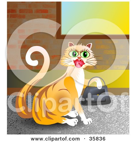 Clipart Illustration of a Shopping Orange Kitty Cat Wearing Lipstick And Carrying A Purse On Her Paw by Prawny