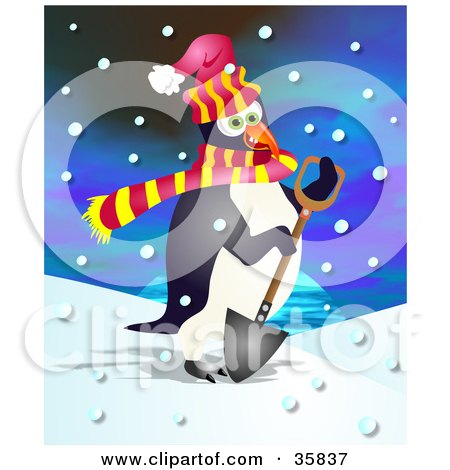 Clipart Illustration of a Cold Penguin In A Scarf And A Hat, Shoveling Snow On A Snowing Day by Prawny
