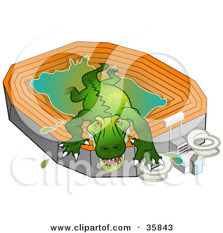 Clipart Illustration of a Giant Green Gator Crawling Out Of A Stadium by Prawny