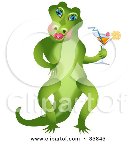 Clipart Illustration of a Flirty Female Alligator Standing On Her Hind Legs And Holding A Cocktail by Prawny