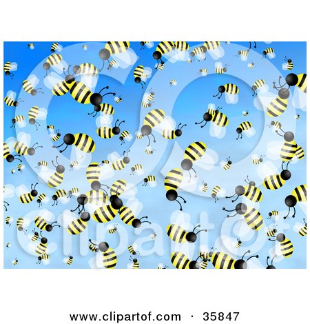 Clipart Illustration of a Crazy Crowd Of Busy Honeybees Flying In A Blue Sky by Prawny