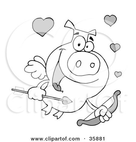 Clipart Illustration of a Black And White Cupid Pig With Flying With Hearts, A Bow And Arrow by Hit Toon
