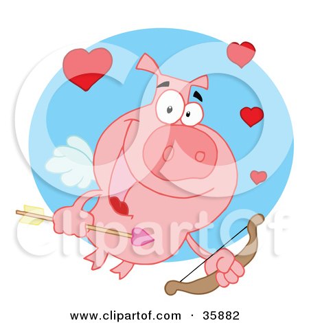 Clipart Illustration of a Cupid Pig Flying With Hearts, A Bow And Arrow by Hit Toon