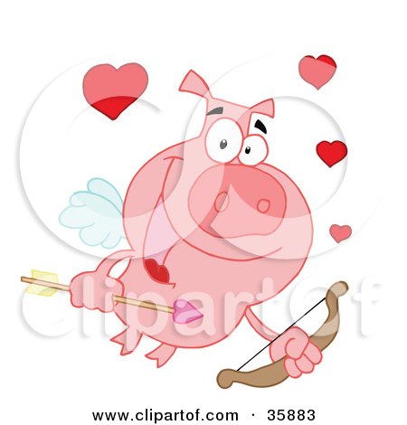 Clipart Illustration of a Pink Cupid Pig Flying With Hearts, A Bow And Arrow by Hit Toon