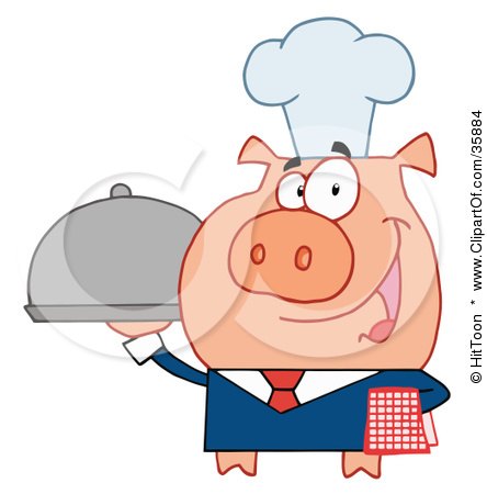 Clipart Illustration of a Friendly Waiter Pig In A Chefs Hat, Serving Food On A Platter by Hit Toon