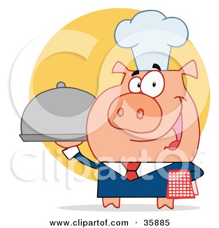 Clipart Illustration of a Nice Waiter Pig In A Chefs Hat, Serving Food On A Platter, Over A Yellow Circle by Hit Toon