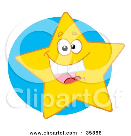 Clipart Illustration of an Excited Yellow Star Smiling And Showing His Teeth, Over a Blue Circle by Hit Toon