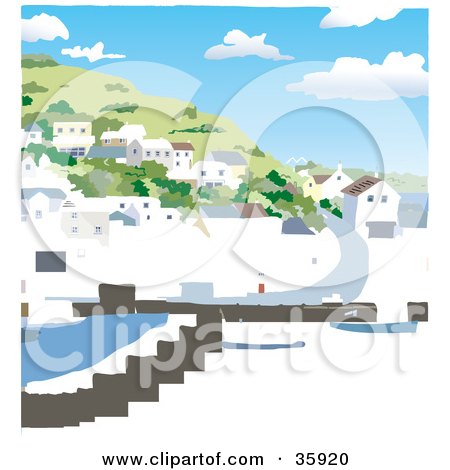 Clipart Illustration of a Coastal Village Of Homes On A Hillside Over A Harbor by Lisa Arts