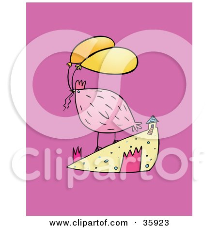 Clipart Illustration of a Pink Chicken With Two Balloons In Its Mouth, Standing Near A Coop On A Magenta Background by Lisa Arts
