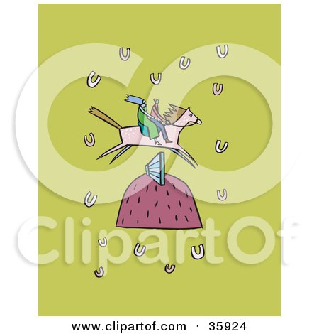 Clipart Illustration of a Couple Racing On A Lucky Horse As It Leaps A Hurdle, On A Green Background With Horse Shoes by Lisa Arts