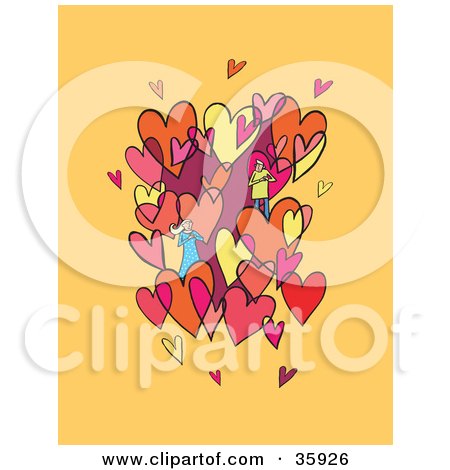 Clipart Illustration of a Caring Couple Admiring Each Other In A Cluster Of Pink, Yellow And Red Hearts by Lisa Arts