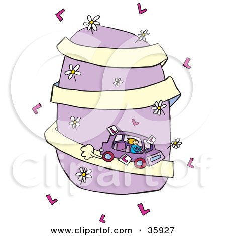 Clipart Illustration of a Blond Teenage Girl Driving A Car Down A Purple Hill Covered In Flowers, On A White Background by Lisa Arts