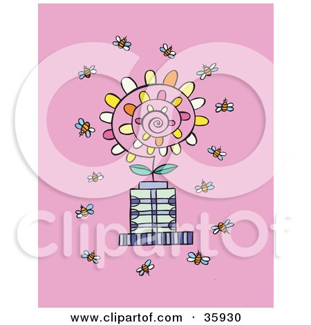 Clipart Illustration of a Crowd Of Busy Bees Flying Around A Spiraling Flower On A Pink Background by Lisa Arts