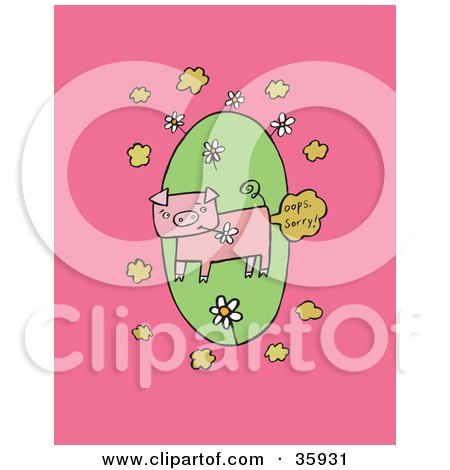 Clipart Illustration of a Farting Pig Chewing On A Daisy Flower, Over A Green Oval On A Pink Background by Lisa Arts