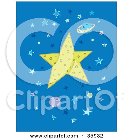 Clipart Illustration of a Big Star Covered In Craters, Surrounded By Planets And Stars In Blue Outer Space by Lisa Arts