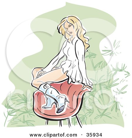 Clipart Illustration of a Pretty Blond Caucasian Woman In A Ruffled Dress And Boots, Sitting On The Back Of A Chair by Lisa Arts
