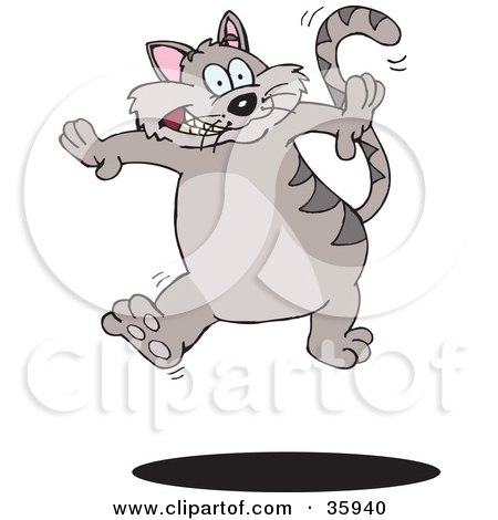 Clipart Illustration of a Hyperactive Gray Striped Cat Leaping Up Over A Shadow by Dennis Holmes Designs