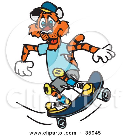 Clipart Illustration of a Skateboarding Tiger In Clothes And Knee Pads by Dennis Holmes Designs