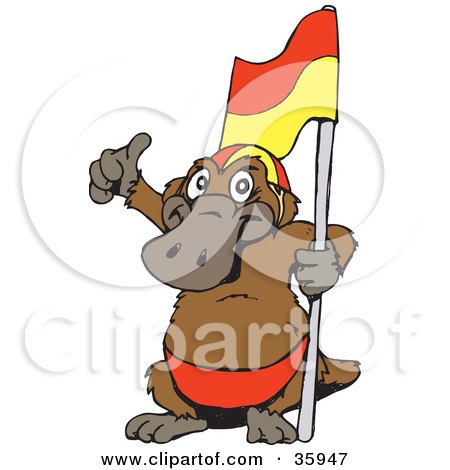 Clipart Illustration of a Platypus Giving The Thumbs Up And Holding A Lifeguard Flag by Dennis Holmes Designs