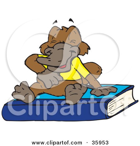 Clipart Illustration of a Laughing Platypus In A Shirt, Sitting On Top Of A Blue Book by Dennis Holmes Designs