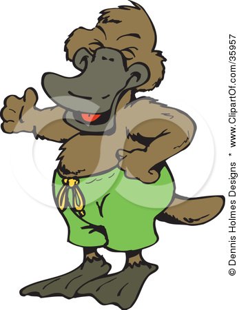 Clipart Illustration of a Laughing Platypus Wearing Green Swim Shorts by Dennis Holmes Designs