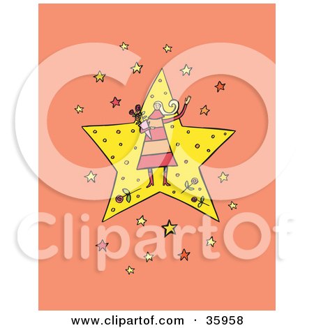 Clipart Illustration of a Female Celebrity Carrying a Bouquet and Standing on a Star, Over an Orange Background by Lisa Arts