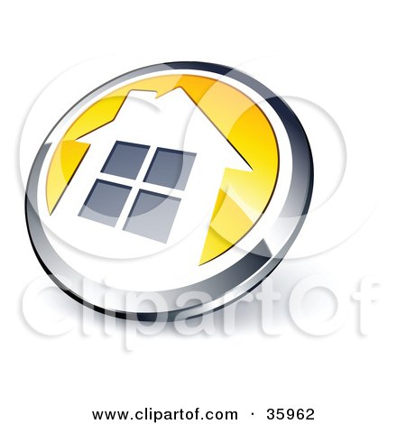 Clipart Illustration of a Pre-Made Logo Of A Shiny Round Chrome And Yellow Home Button by beboy